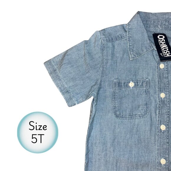 🍁3/$10 OshKosh Boys Chambray Denim Button Up Shirt Size 5T Short Sleeve Casual - Picture 2 of 10